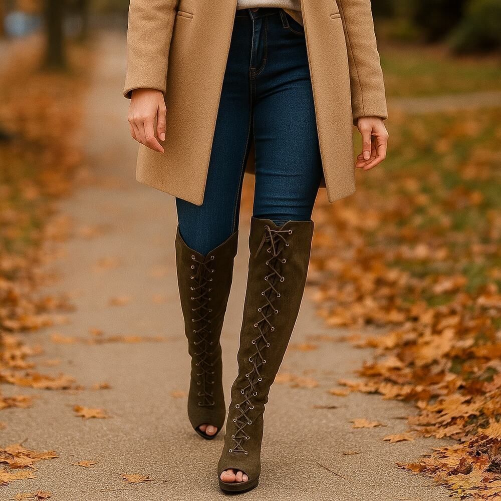 Lace-Up Knee High Stiletto Boots 8.5 Suede Look Peep Toe Army Green Alt Fashion